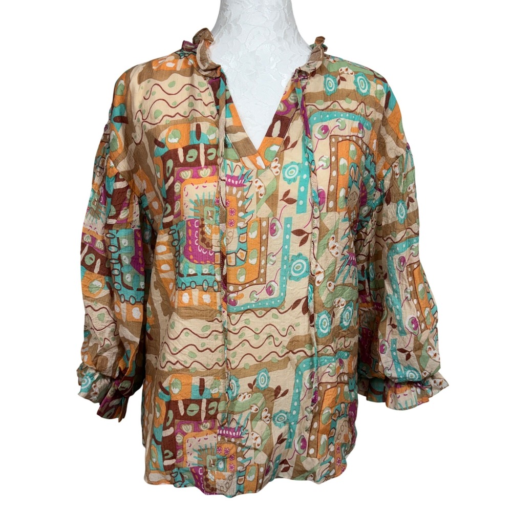 Fate Mosaic Multicolor Patchwork Balloon Sleeve Tunic Top Blouse Womens Small